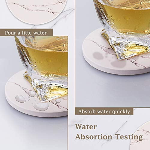 Marble Surface Pattern Absorbent Ceramic Stone Coaster Set with Metal Holder Stand Set of 6 White Cups Place Mats for Home Decor Coasters for Drinks Cork Base Marble Surface Pattern Absorbent Ceramic Stone Coaster Set with Metal Holder Stand Set of 6 White Cups Place Mats for Home Decor Coasters for Drinks Cork Base
